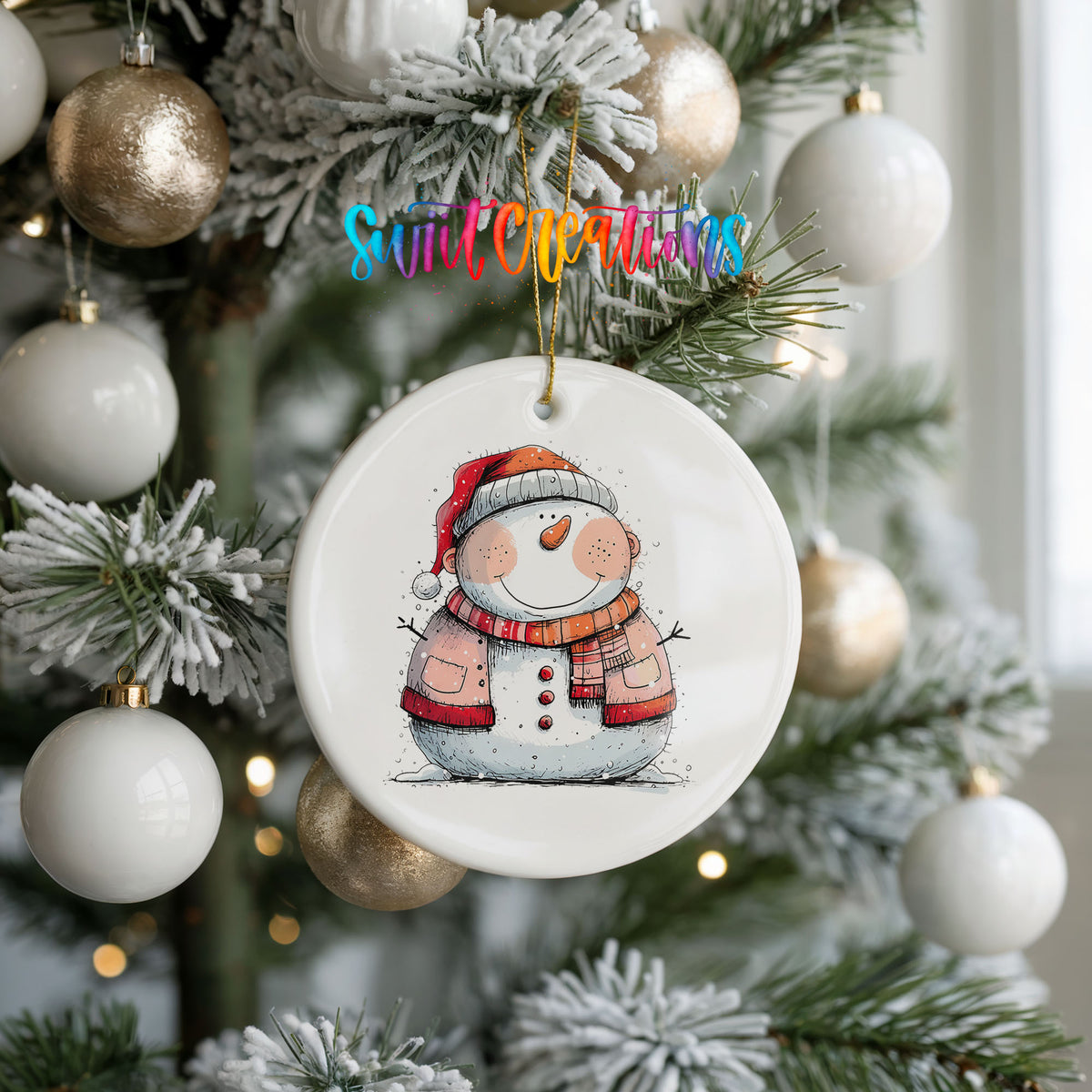 Snowman Couple in Red Santa Hats Christmas ornament hanging on a frosted holiday tree