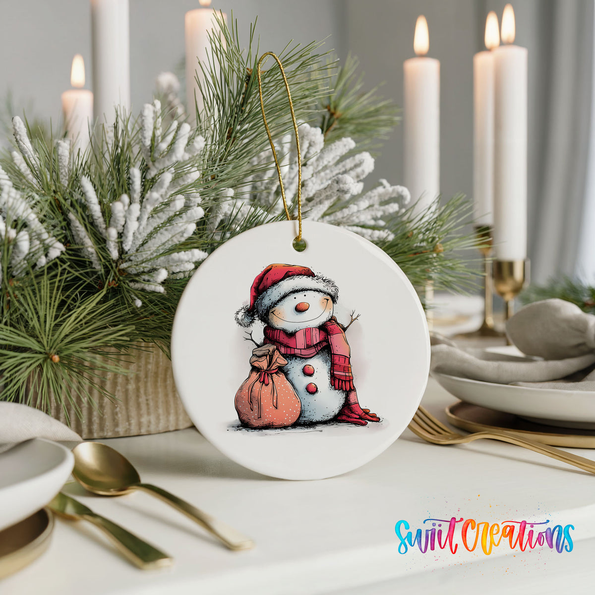Snowman with Pink Gift Sack Christmas ornament styled with elegant holiday table decor