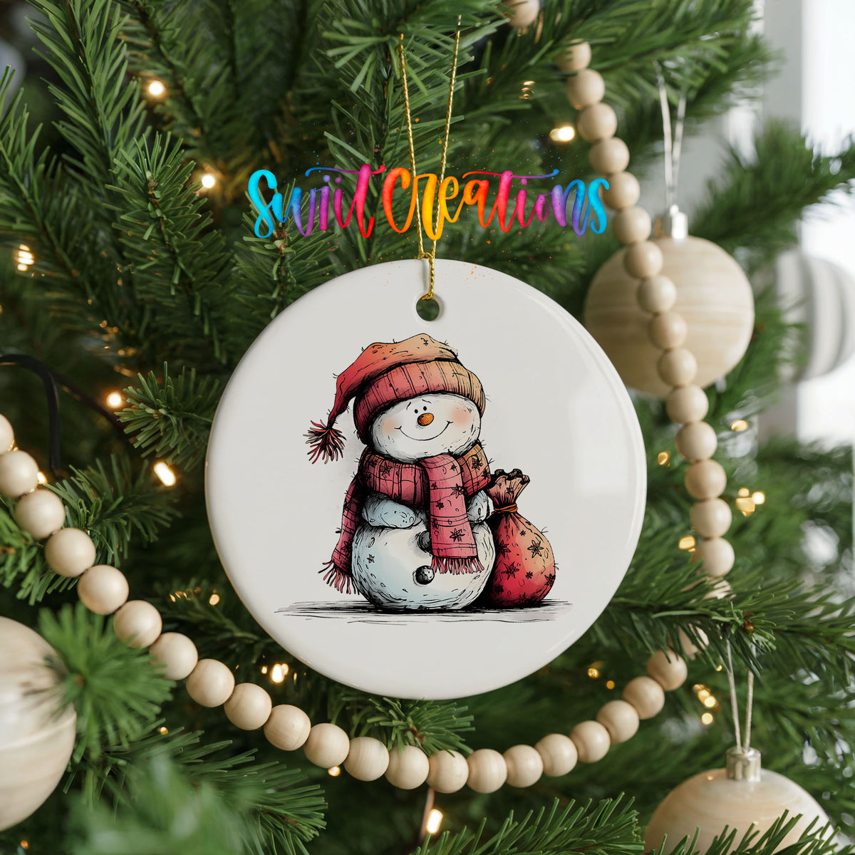 Snowman in Red Scarf with Gift Christmas ornament hanging on a decorated Christmas tree