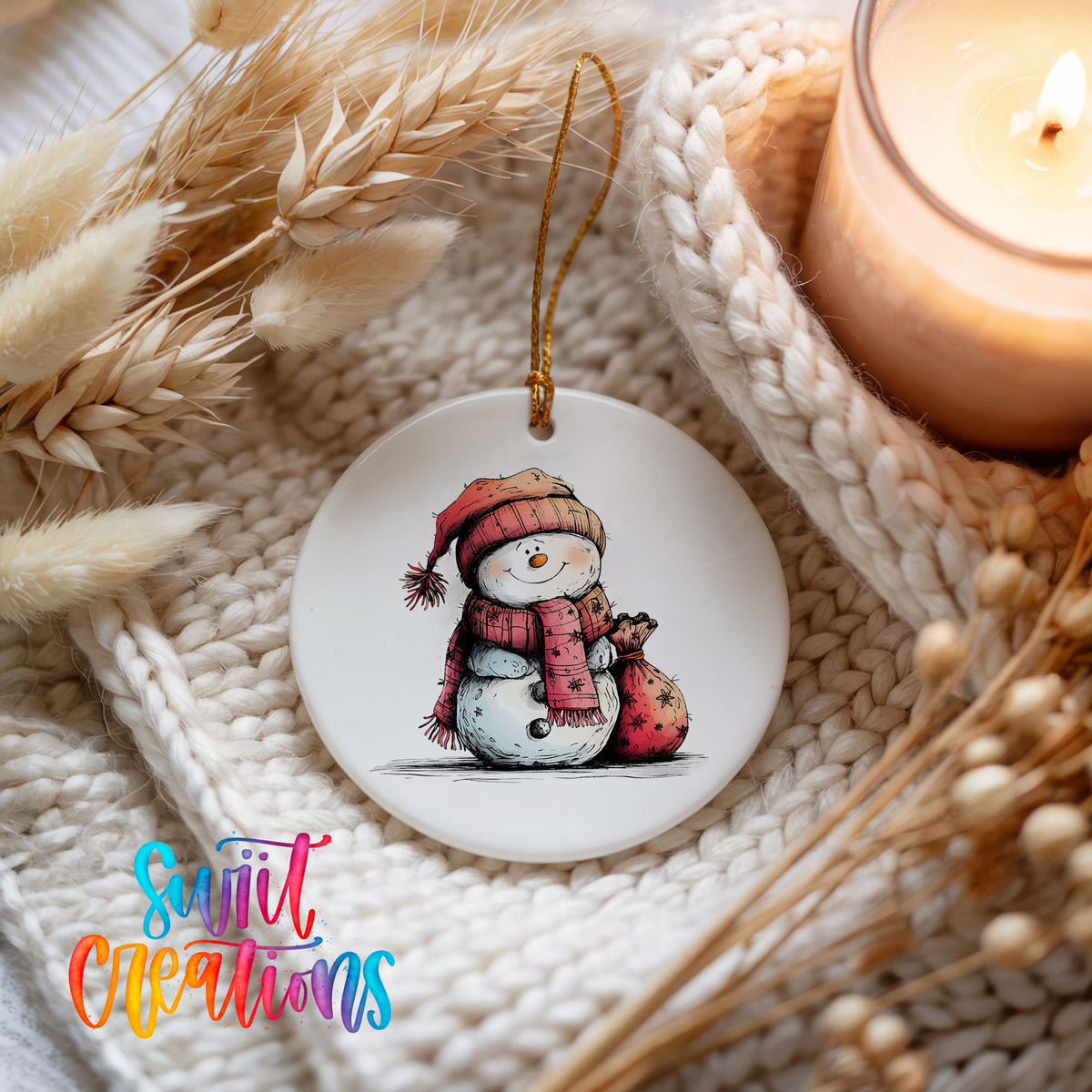 Snowman in Red Scarf with Gift Christmas ornament styled beside a candle and cozy knit blanket