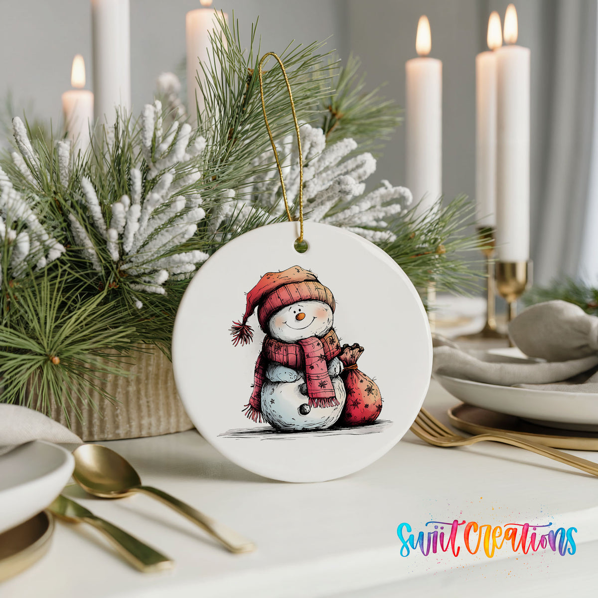 Snowman in Red Scarf with Gift Christmas ornament styled with elegant holiday table decor