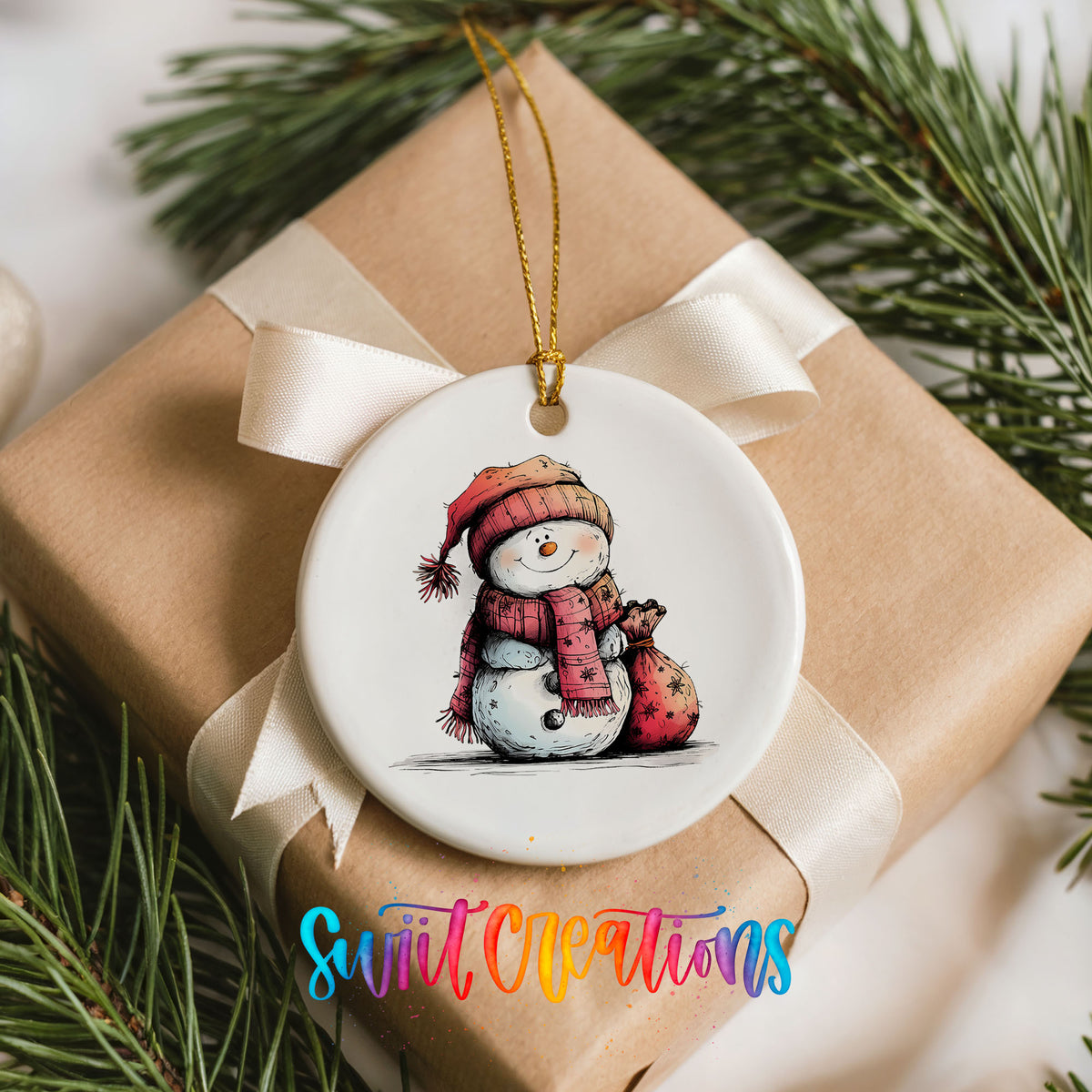 Snowman in Red Scarf with Gift Christmas ornament placed on a wrapped Christmas gift