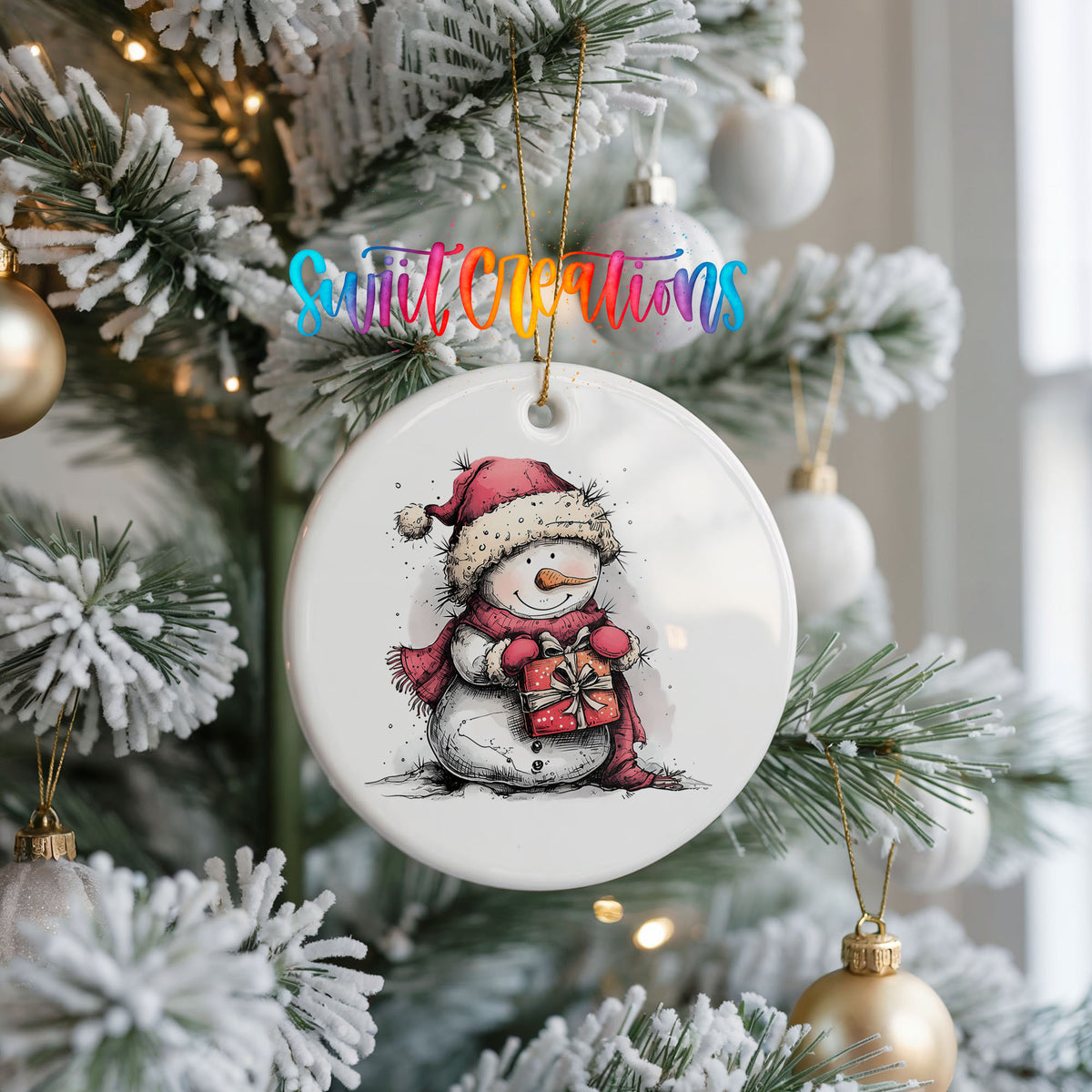 Snowman Holding a Christmas Heart Christmas ornament hanging on a frosted Christmas tree