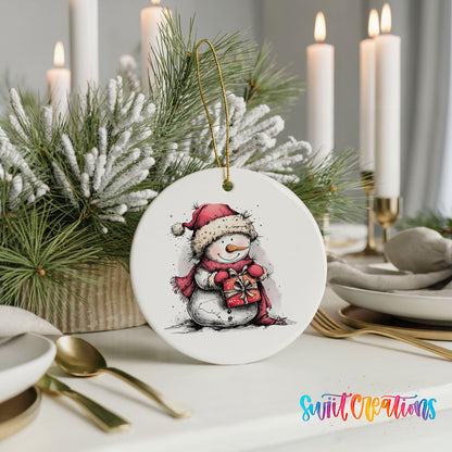 Snowman Holding a Christmas Heart Christmas ornament styled with elegant holiday table decor