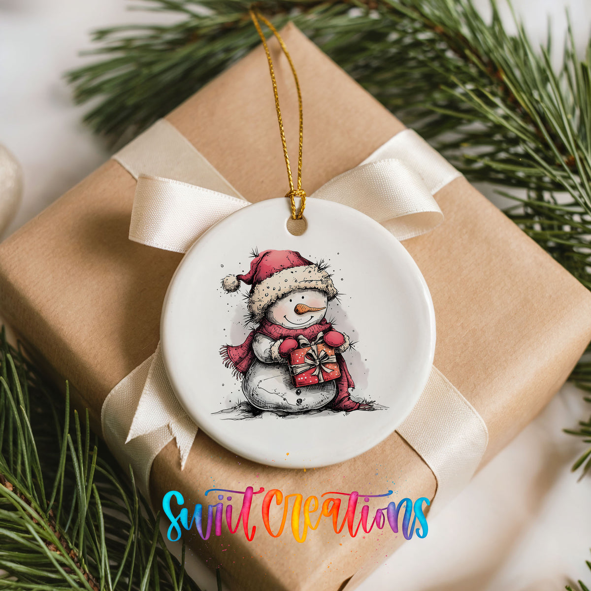 Snowman Holding a Christmas Heart Christmas ornament placed on a wrapped Christmas gift