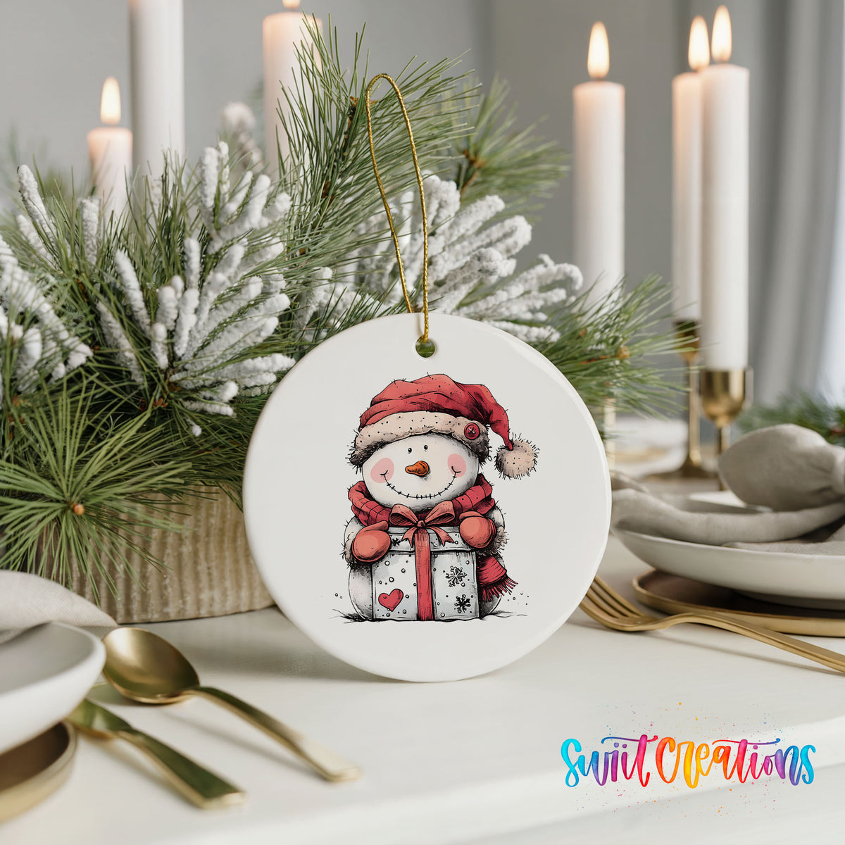 Snowman with Wrapped Christmas Gift Christmas ornament styled with elegant holiday table decor