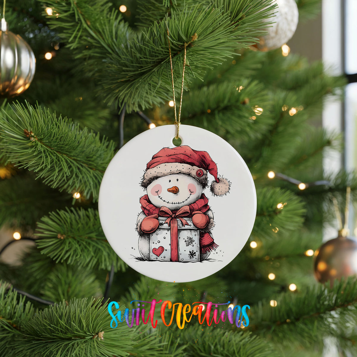 Snowman with Wrapped Christmas Gift Christmas ornament hanging on a green Christmas tree