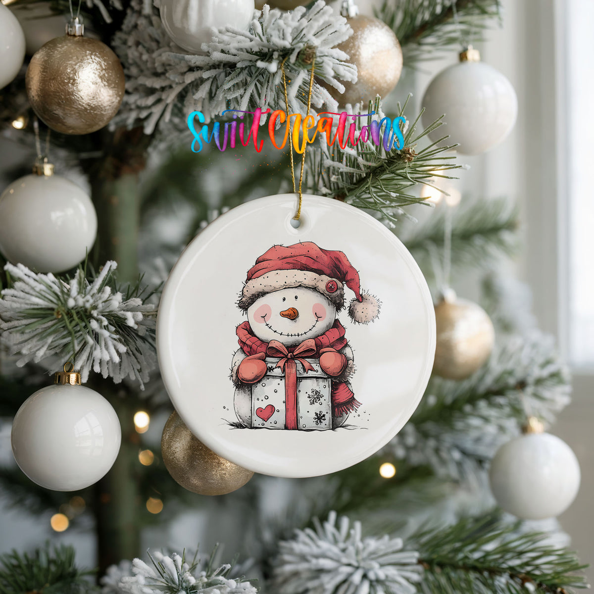 Snowman with Wrapped Christmas Gift Christmas ornament hanging on a frosted holiday tree