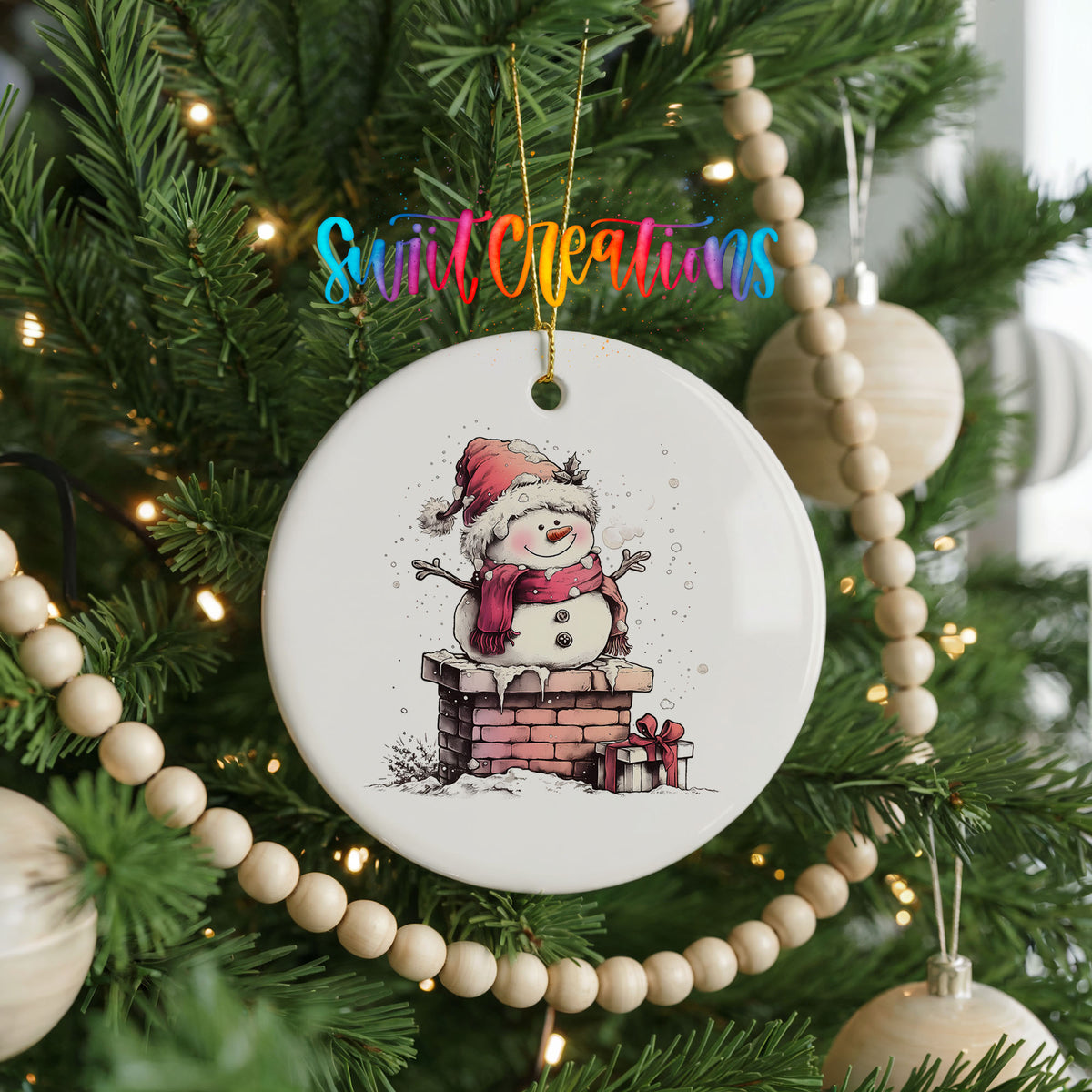 Snowman Beside a Holiday Mailbox Christmas ornament hanging on a decorated Christmas tree