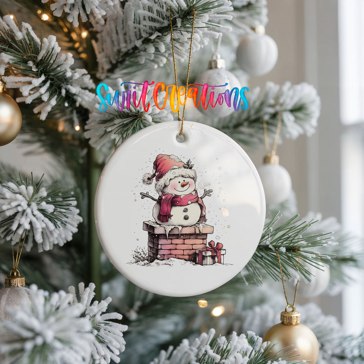 Snowman Beside a Holiday Mailbox Christmas ornament hanging on a frosted Christmas tree