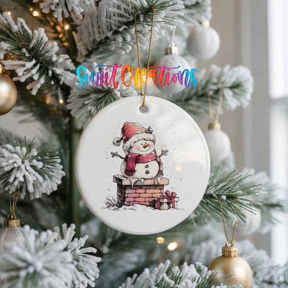 Snowman Beside a Holiday Mailbox Christmas ornament hanging on a frosted Christmas tree