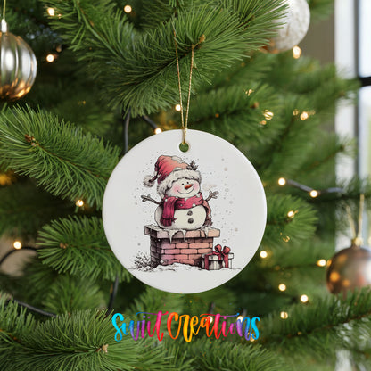Snowman Beside a Holiday Mailbox Christmas ornament hanging on a green Christmas tree