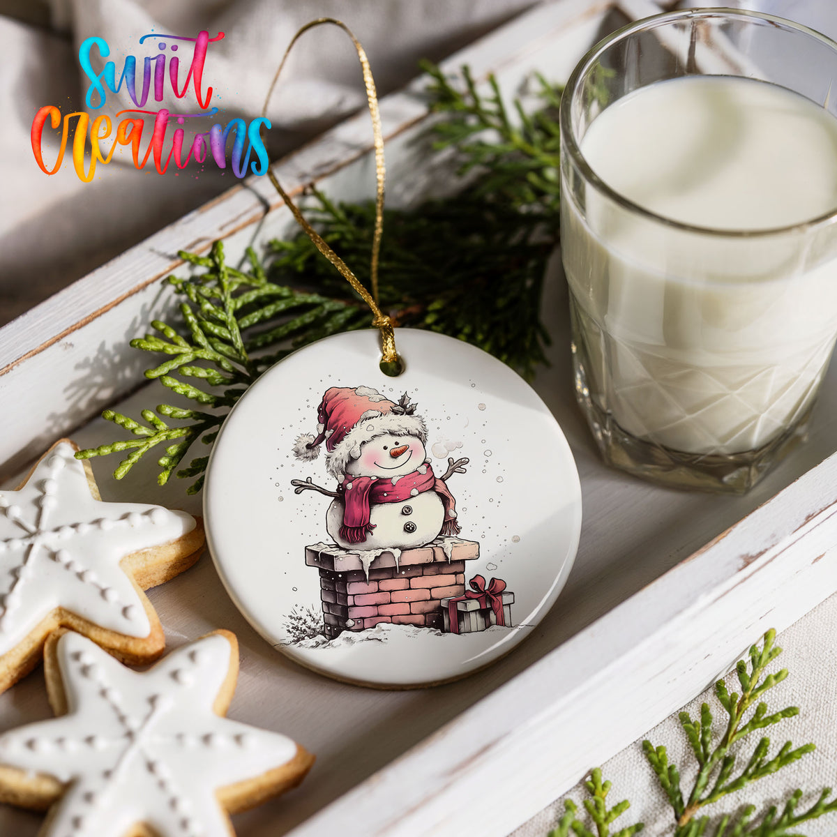 Snowman Beside a Holiday Mailbox Christmas ornament styled with cookies and milk