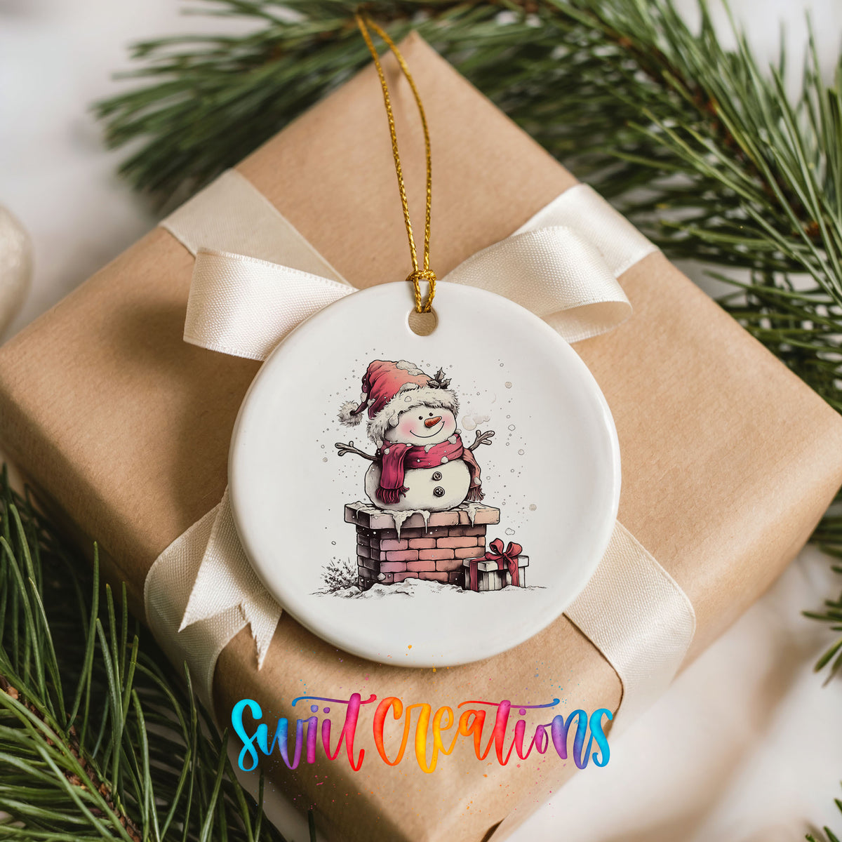Snowman Beside a Holiday Mailbox Christmas ornament placed on a wrapped Christmas gift