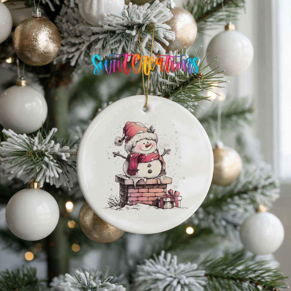 Snowman Beside a Holiday Mailbox Christmas ornament hanging on a frosted holiday tree