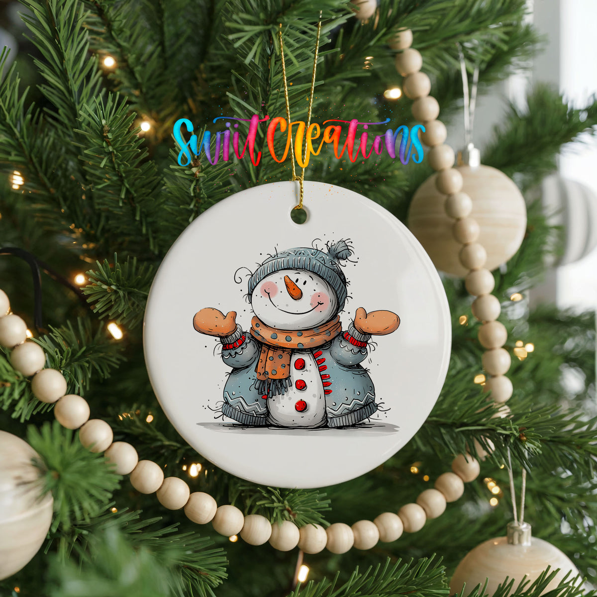 Happy Snowman in Blue Scarf Christmas ornament hanging on a decorated Christmas tree