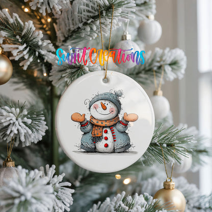 Happy Snowman in Blue Scarf Christmas ornament hanging on a frosted Christmas tree
