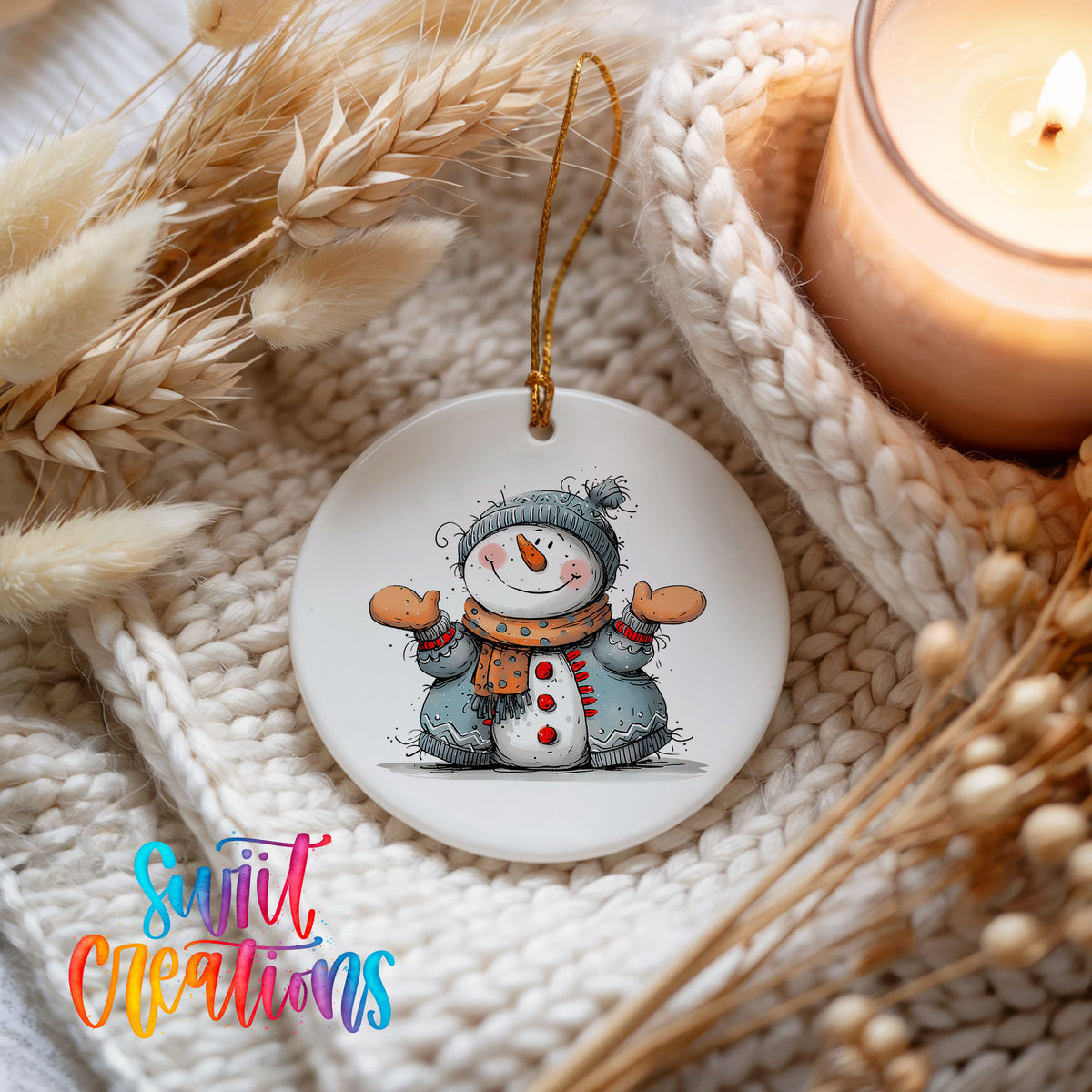 Happy Snowman in Blue Scarf Christmas ornament styled beside a candle and cozy knit blanket