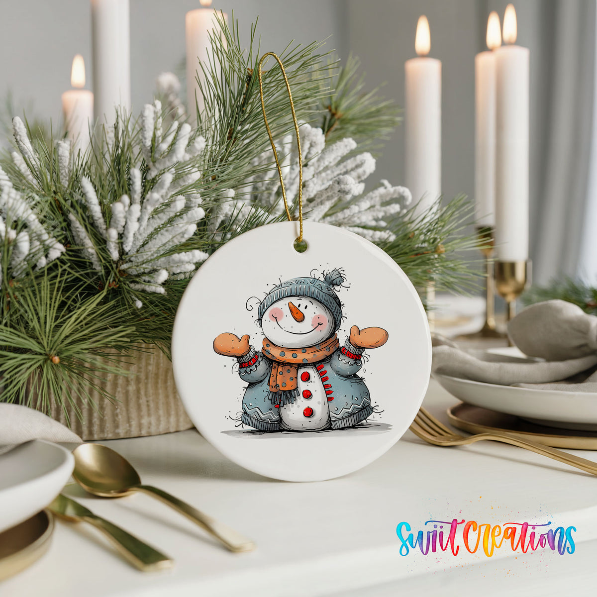 Happy Snowman in Blue Scarf Christmas ornament styled with elegant holiday table decor