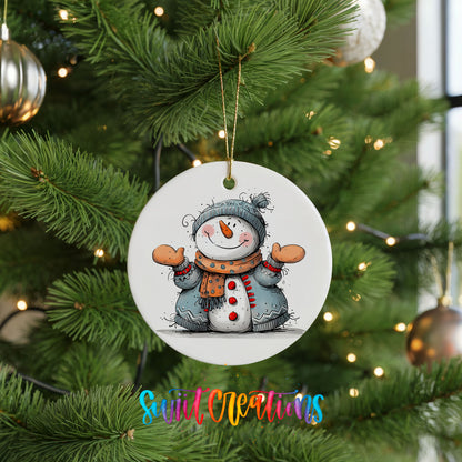 Happy Snowman in Blue Scarf Christmas ornament hanging on a green Christmas tree
