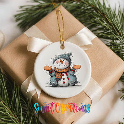 Happy Snowman in Blue Scarf Christmas ornament placed on a wrapped Christmas gift