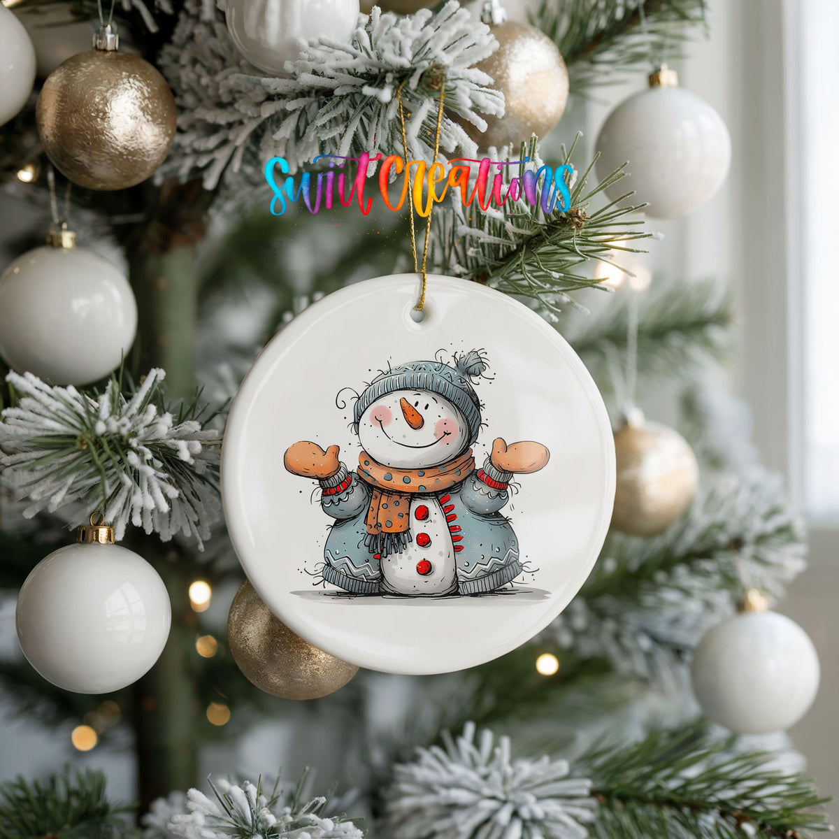 Happy Snowman in Blue Scarf Christmas ornament hanging on a frosted holiday tree