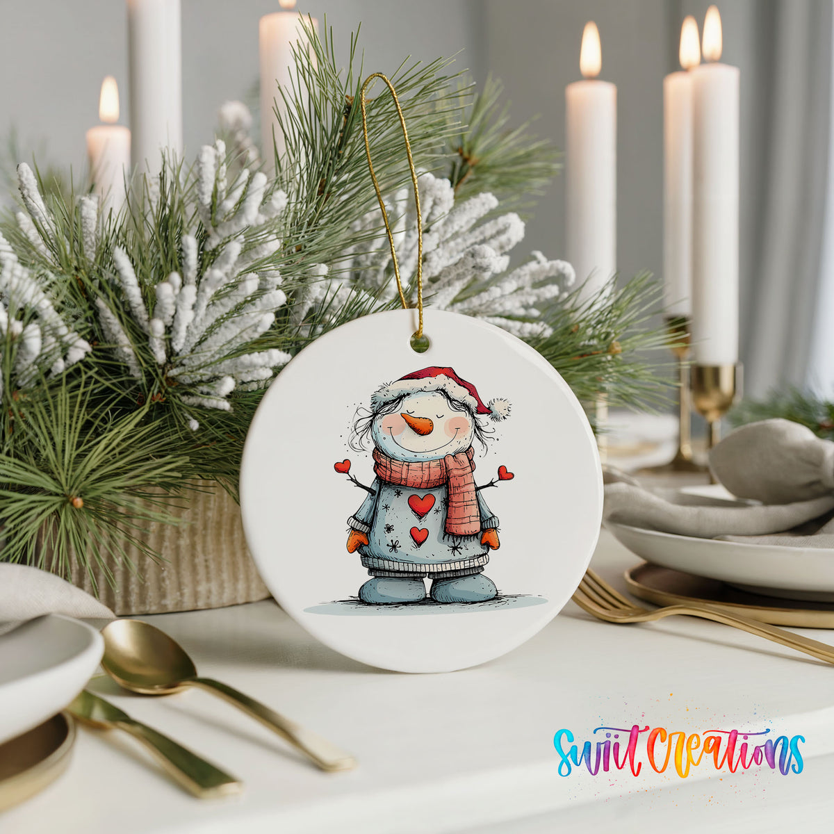 Snowman in Gray Coat and Red Scarf Christmas ornament styled with elegant holiday table decor
