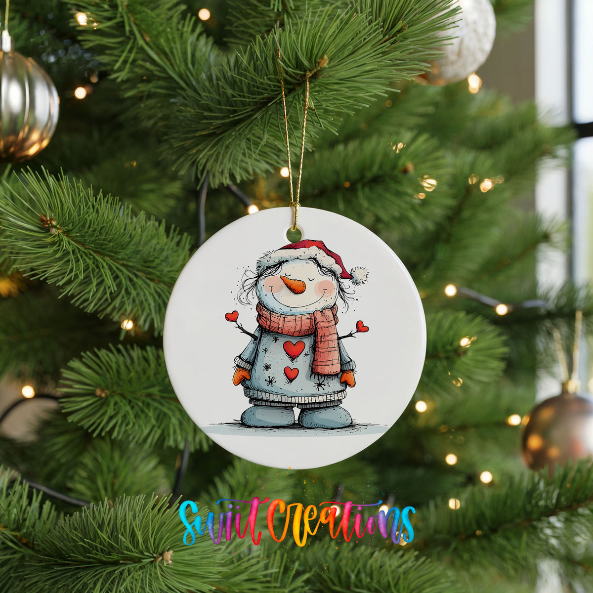 Snowman in Gray Coat and Red Scarf Christmas ornament hanging on a green Christmas tree
