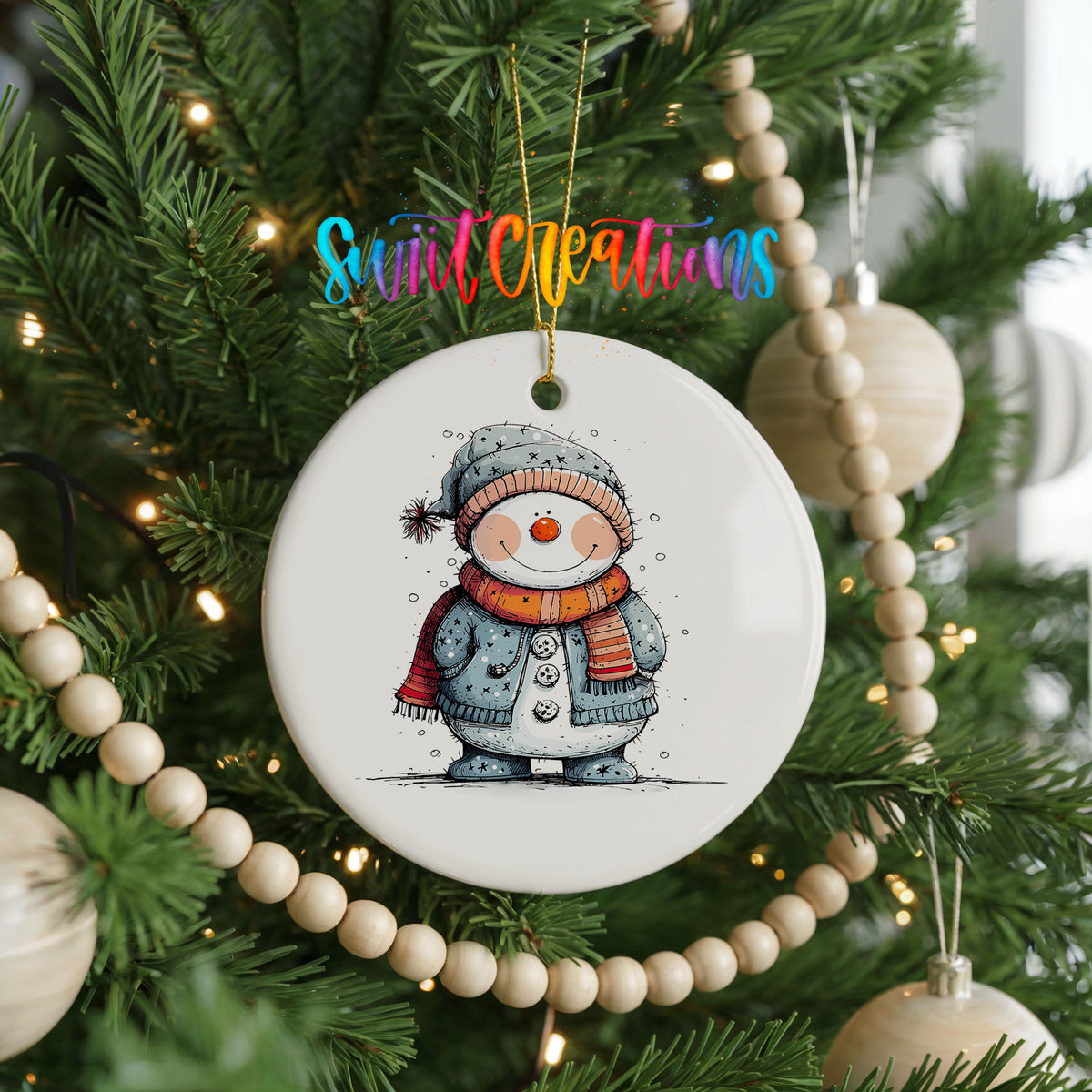 Smiling Snowman in Blue Winter Hat Christmas ornament hanging on a decorated Christmas tree