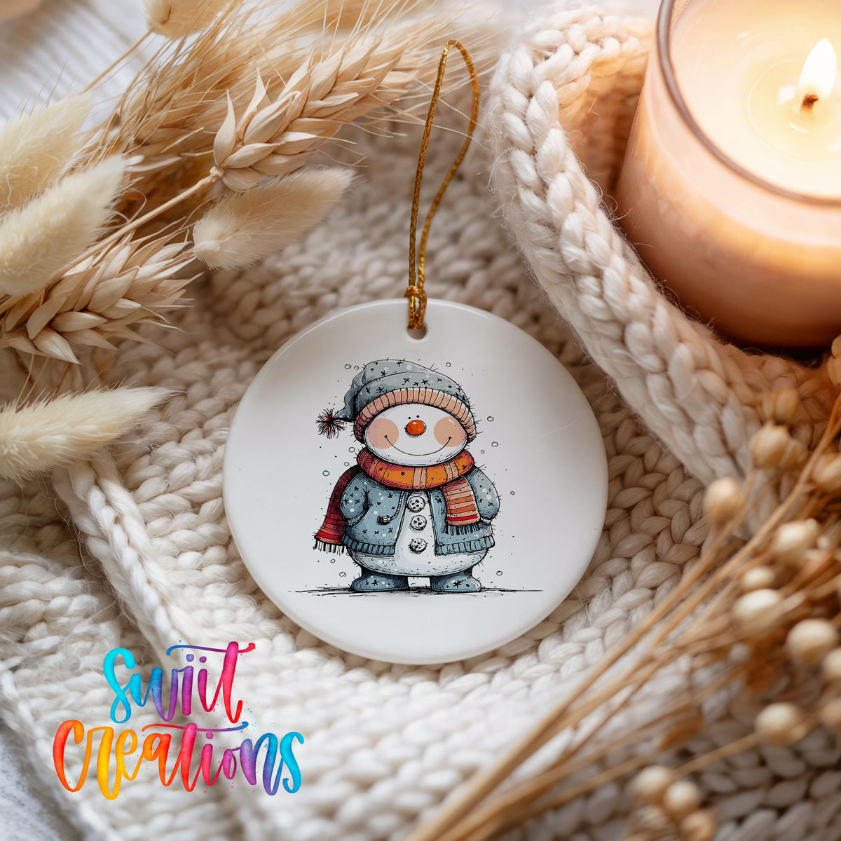 Smiling Snowman in Blue Winter Hat Christmas ornament styled beside a candle and cozy knit blanket