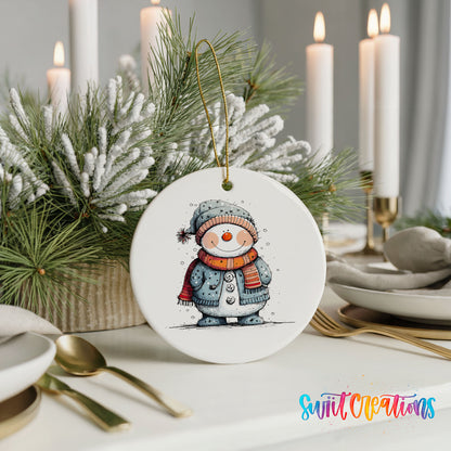 Smiling Snowman in Blue Winter Hat Christmas ornament styled with elegant holiday table decor