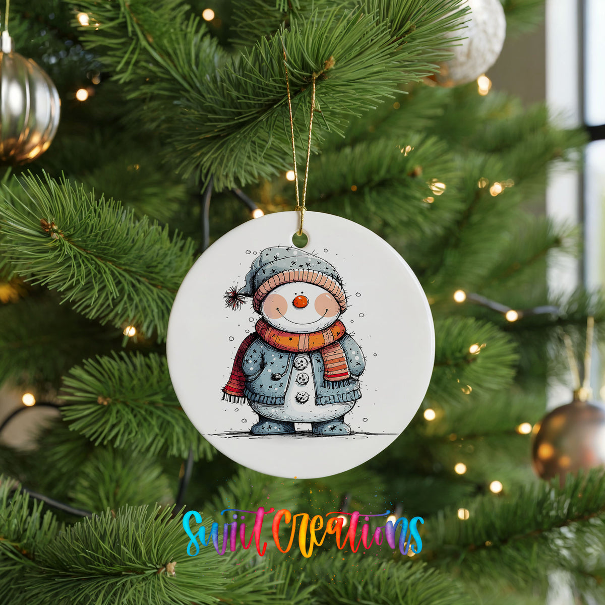Smiling Snowman in Blue Winter Hat Christmas ornament hanging on a green Christmas tree