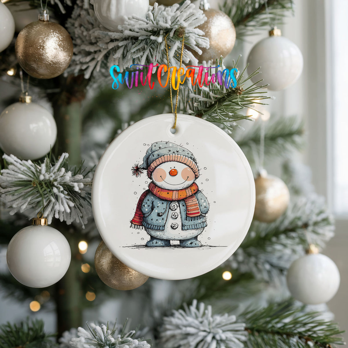 Smiling Snowman in Blue Winter Hat Christmas ornament hanging on a frosted holiday tree