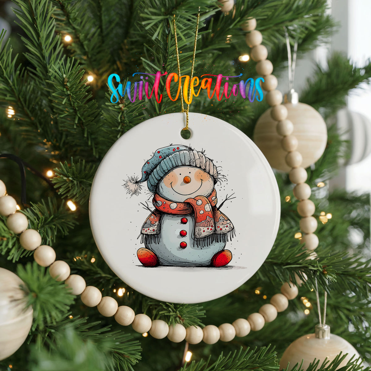 Snowman in Red Hat and Blue Scarf Christmas ornament hanging on a decorated Christmas tree