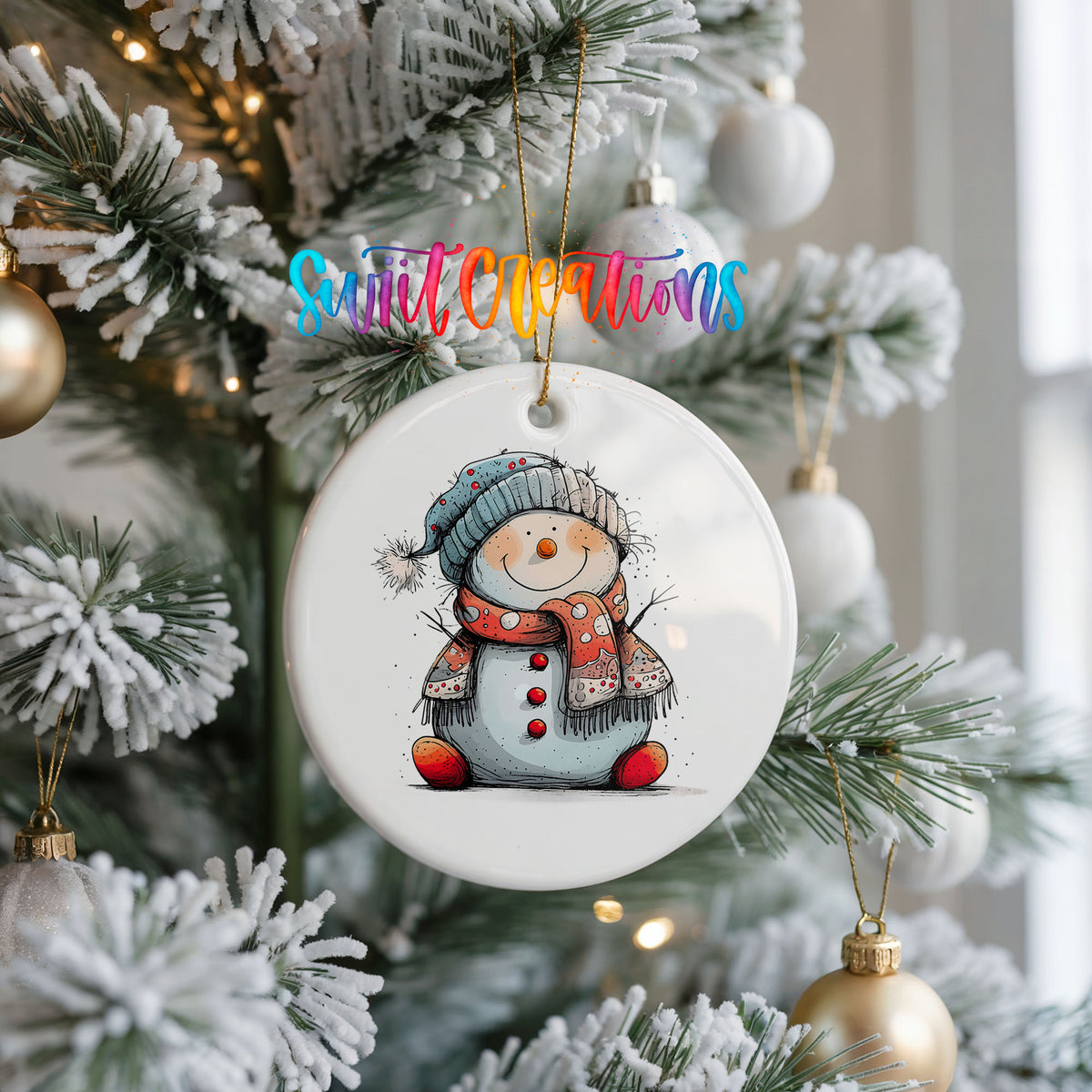 Snowman in Red Hat and Blue Scarf Christmas ornament hanging on a frosted Christmas tree