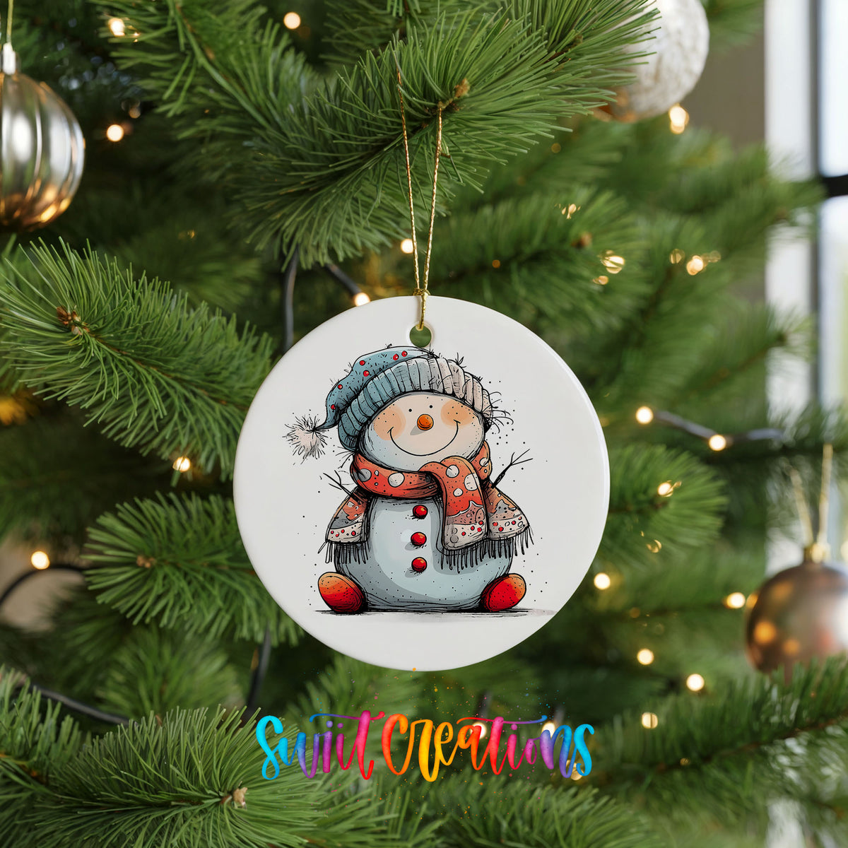 Snowman in Red Hat and Blue Scarf Christmas ornament hanging on a green Christmas tree