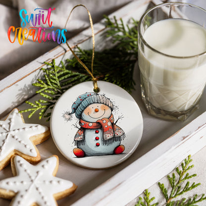 Snowman in Red Hat and Blue Scarf Christmas ornament styled with cookies and milk