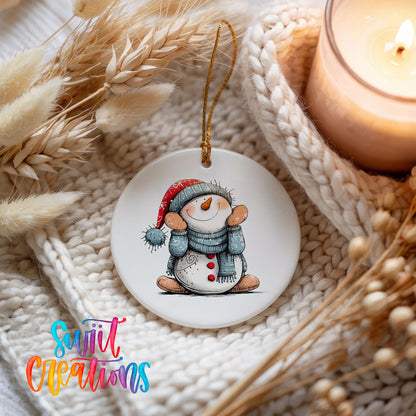 Snowman in Blue Hat and Scarf Christmas ornament styled beside a candle and cozy knit blanket