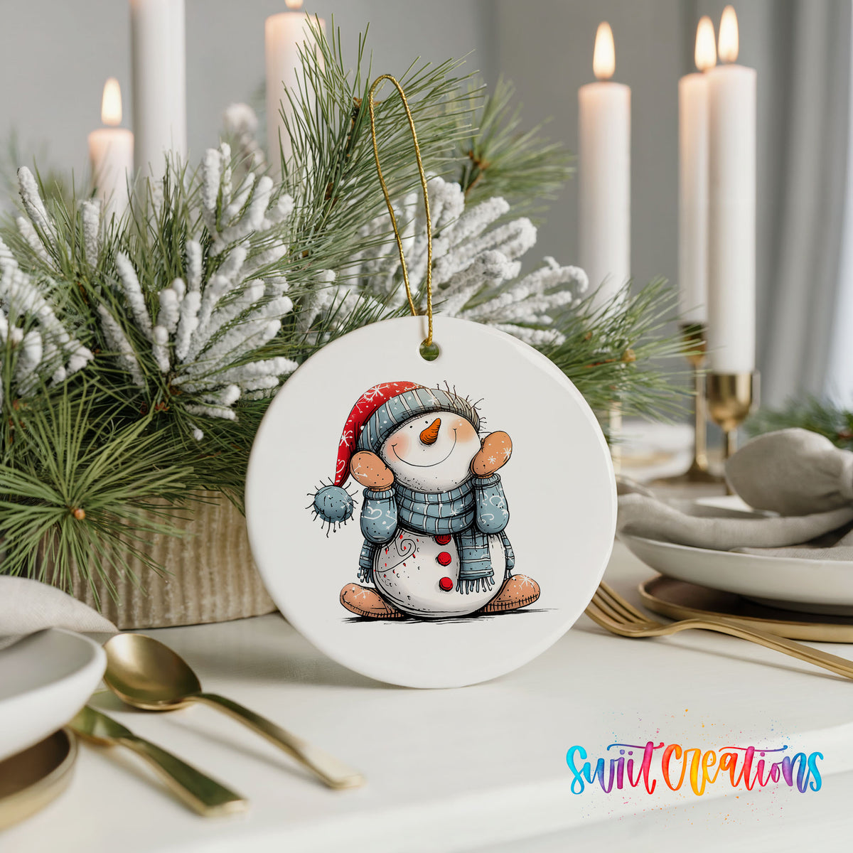 Snowman in Blue Hat and Scarf Christmas ornament styled with elegant holiday table decor