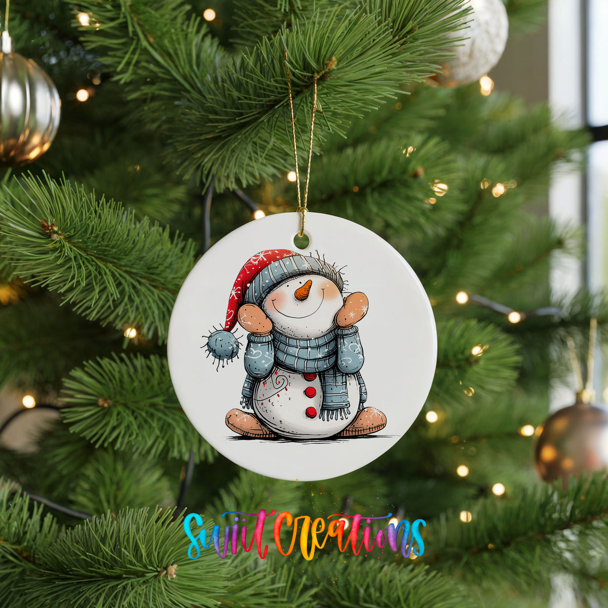 Snowman in Blue Hat and Scarf Christmas ornament hanging on a green Christmas tree