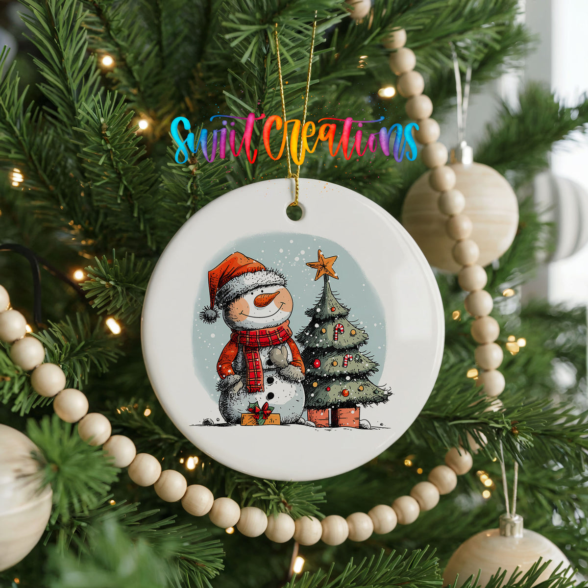 Snowman Beside a Christmas Tree Christmas ornament hanging on a decorated Christmas tree