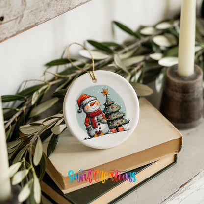 Snowman Beside a Christmas Tree Christmas ornament styled on books with holiday greenery