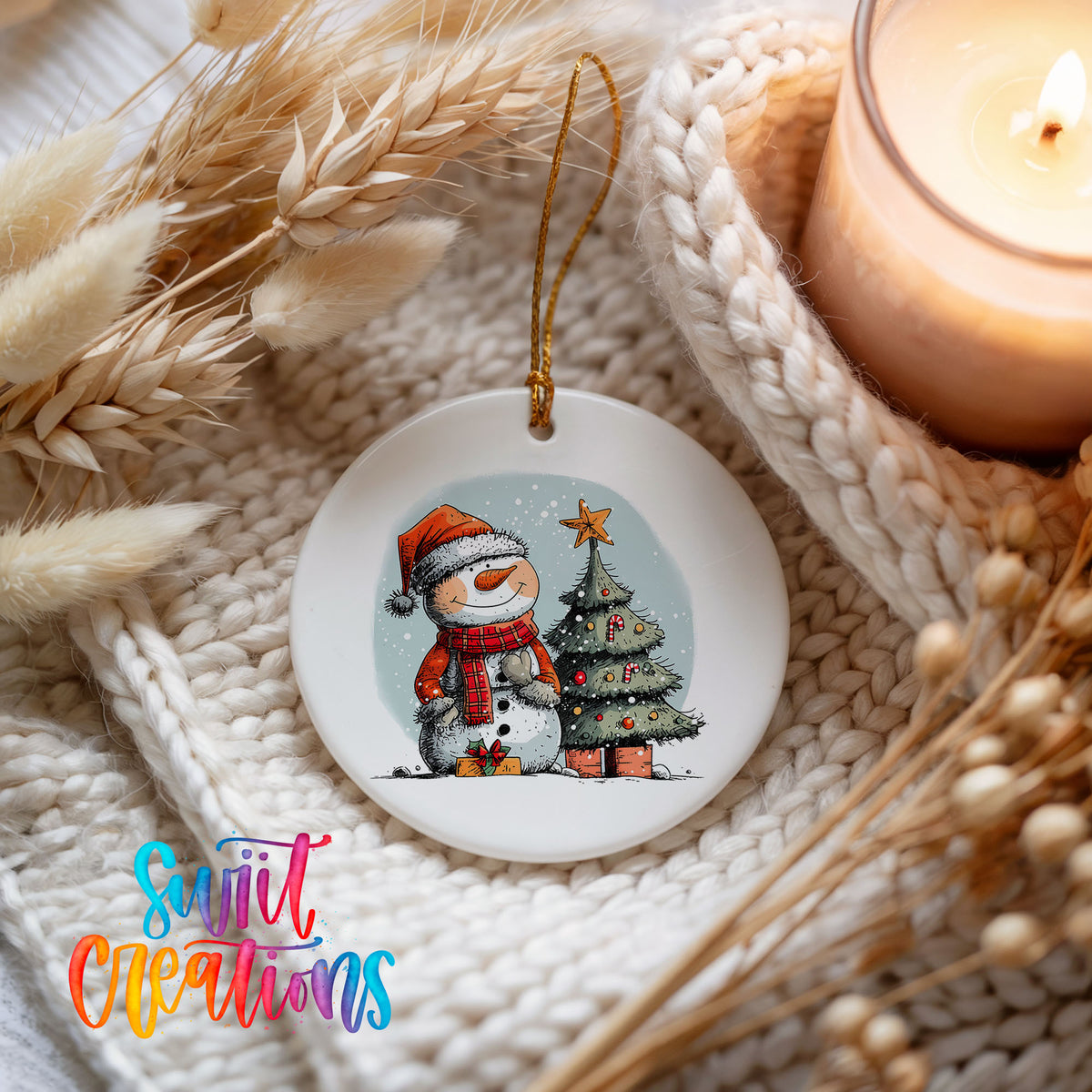 Snowman Beside a Christmas Tree Christmas ornament styled beside a candle and cozy knit blanket