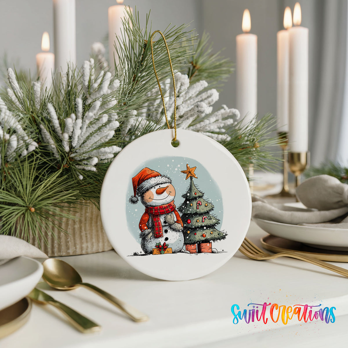 Snowman Beside a Christmas Tree Christmas ornament styled with elegant holiday table decor