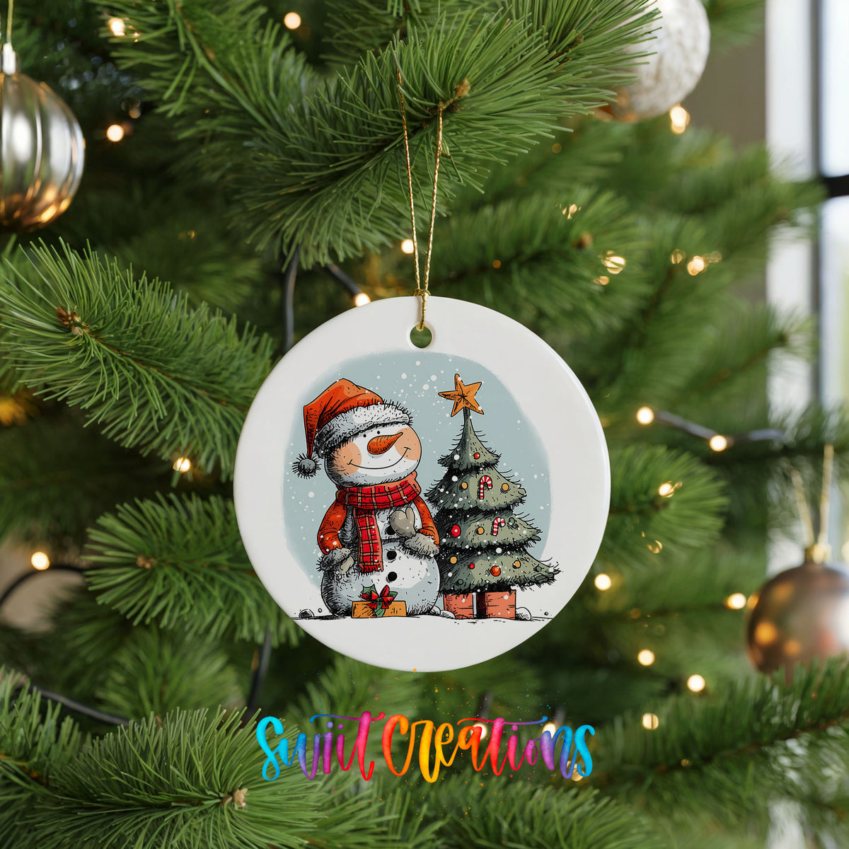 Snowman Beside a Christmas Tree Christmas ornament hanging on a green Christmas tree