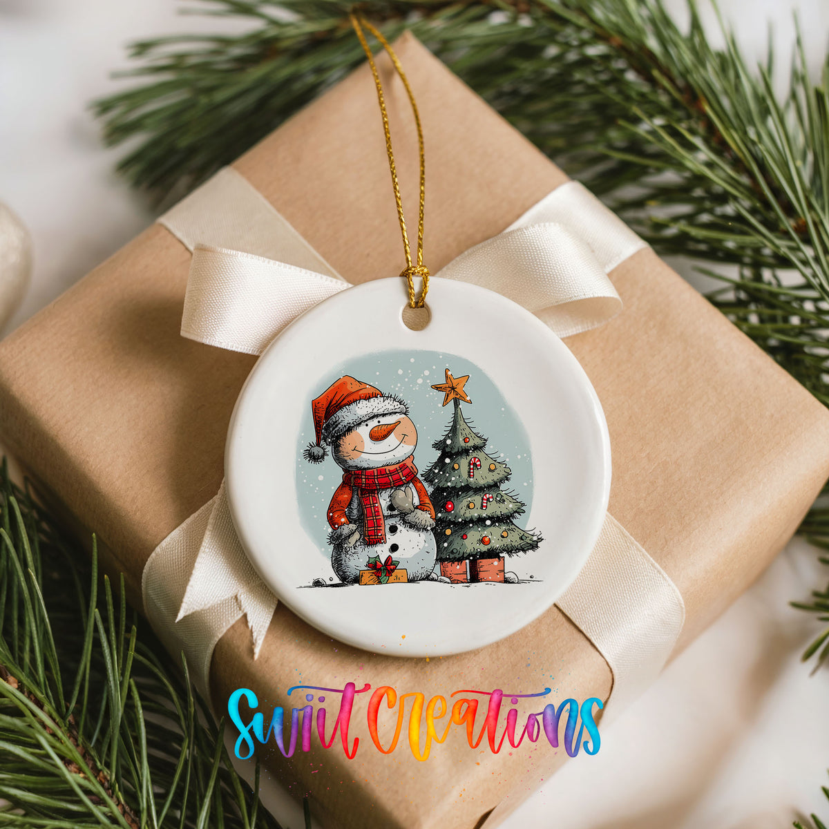Snowman Beside a Christmas Tree Christmas ornament placed on a wrapped Christmas gift