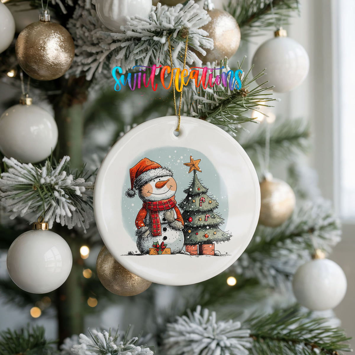Snowman Beside a Christmas Tree Christmas ornament hanging on a frosted holiday tree