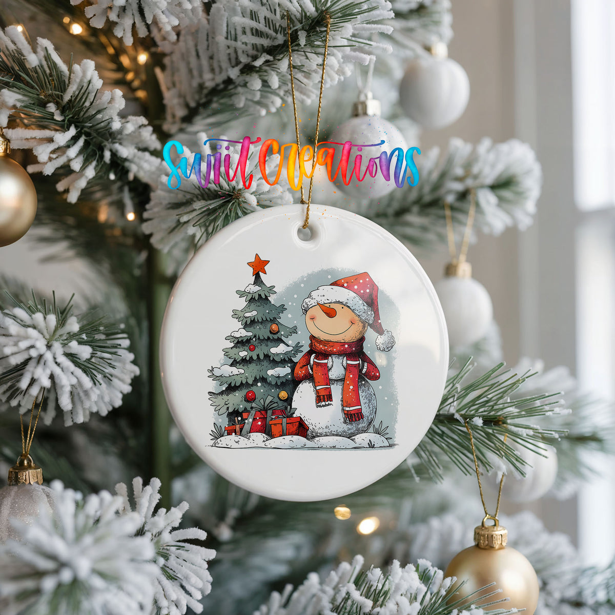 Santa Decorating a Christmas Tree Christmas ornament hanging on a frosted Christmas tree