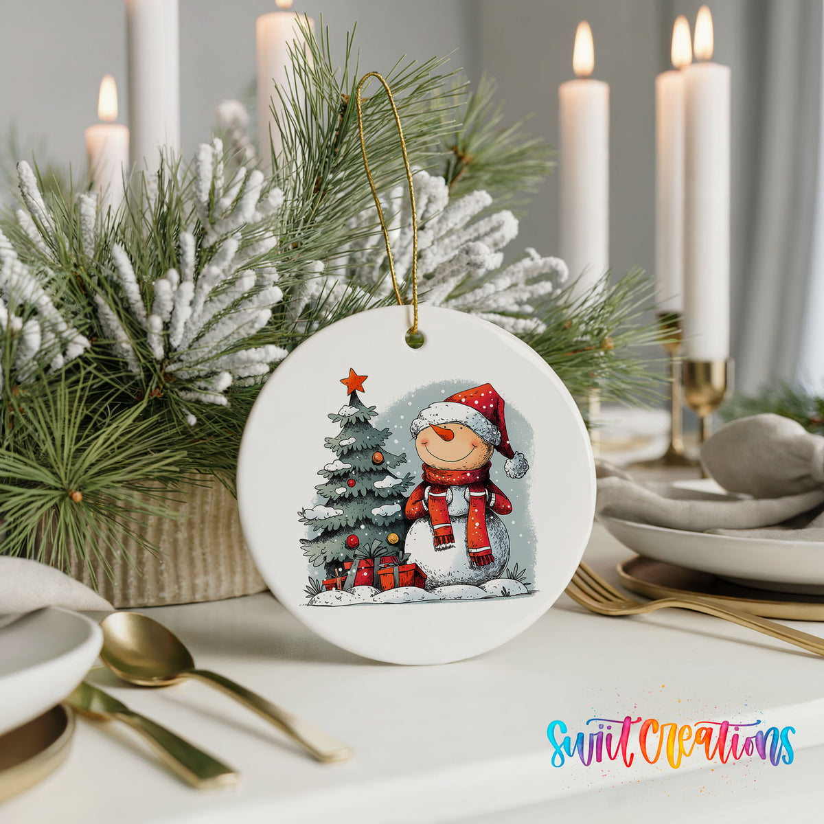 Santa Decorating a Christmas Tree Christmas ornament styled with elegant holiday table decor