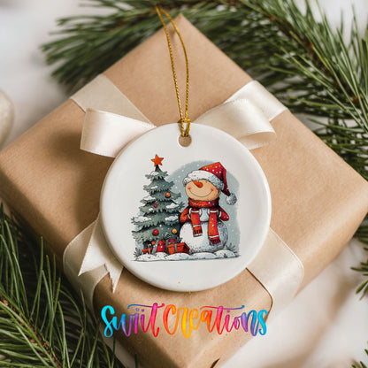 Santa Decorating a Christmas Tree Christmas ornament placed on a wrapped Christmas gift